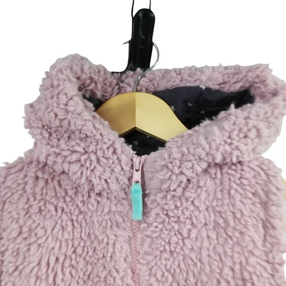 Mini Boden Teddy Bear Fleece Hooded Vest Size 5-6Y Pink Blue Stars Kids Faux Fur - Picture 3 of 11